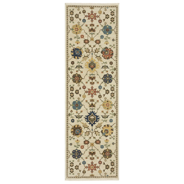 HomeRoots 5' Timeless Blue and Gold Oriental Area Rug with Fringe - Durable, Stain-Resistant Elegance for Any Room 8' Runner 575222
