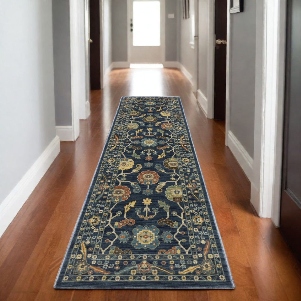 HomeRoots 5' Blue and Gold Oriental Area Rug with Fringe - Timeless Elegance and Durable Comfort for Any Space 8' Runner 575224
