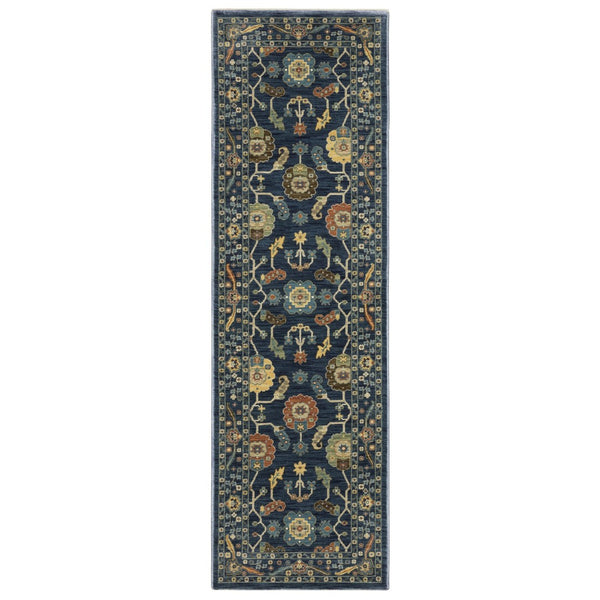 HomeRoots 5' Blue and Gold Oriental Area Rug with Fringe - Timeless Elegance and Durable Comfort for Any Space 8' Runner 575224