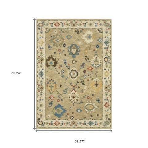 Homeroots 5' Elegant Beige And Light Blue Oriental Area Rug With Fringe - Stain Resistant For Any Decor 3' X 5' Polypropylene 575225