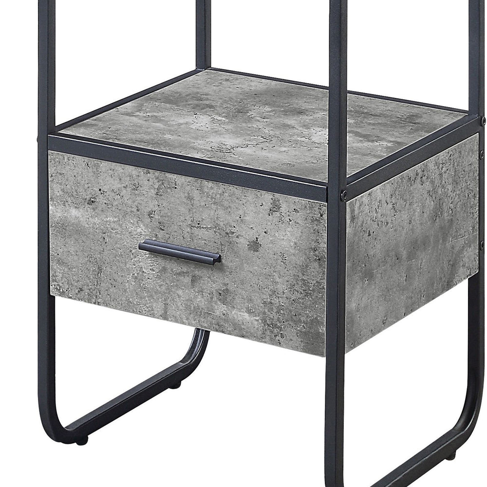 English Elm Concrete Grey Modern 2-Shelf Side Pier with Drawer and Metal Frame, 66.5" Tall Accent Storage Tower B062P186549