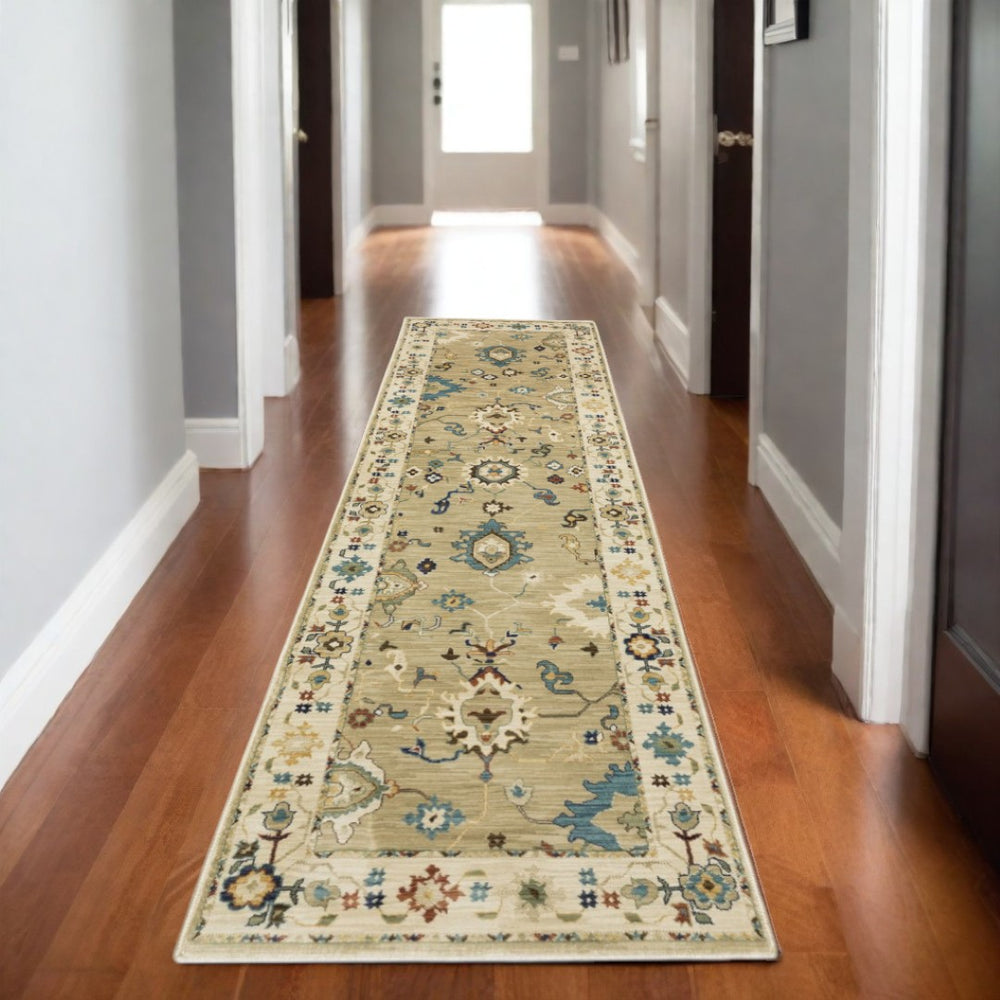 HomeRoots 5' Elegant Beige and Light Blue Oriental Area Rug with Fringed Edges for Timeless Home Decor 8' Runner 575226