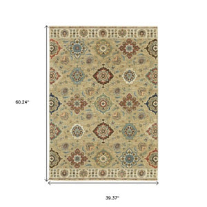 Homeroots 5' Elegant Tan Ivory Floral Area Rug With Fringe – Stain Resistant, Soft Texture For Any Decor 3' X 5' Polypropylene 575227