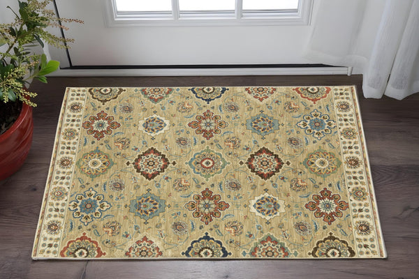 Homeroots 5' Elegant Tan Ivory Floral Area Rug With Fringe – Stain Resistant, Soft Texture For Any Decor 3' X 5' Polypropylene 575227