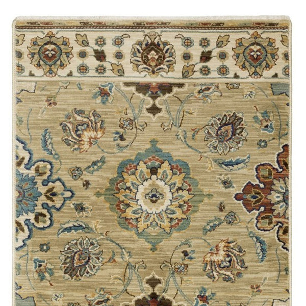 Homeroots 5' Elegant Tan Ivory Floral Area Rug With Fringe – Stain Resistant, Soft Texture For Any Decor 8' Runner Polypropylene 575228