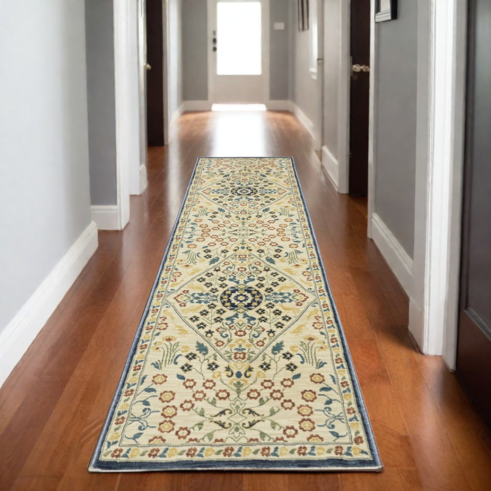 HomeRoots 5' Classic Ivory, Orange & Navy Blue Oriental Area Rug with Fringe - Durable, Stain-Resistant Design 8' Runner 575230