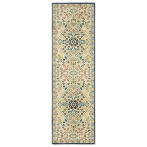 HomeRoots 5' Classic Ivory, Orange & Navy Blue Oriental Area Rug with Fringe - Durable, Stain-Resistant Design 8' Runner 575230