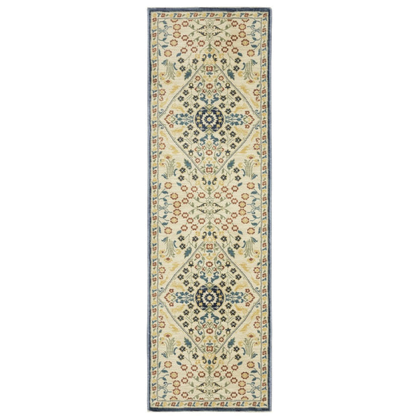 HomeRoots 5' Classic Ivory, Orange & Navy Blue Oriental Area Rug with Fringe - Durable, Stain-Resistant Design 8' Runner 575230