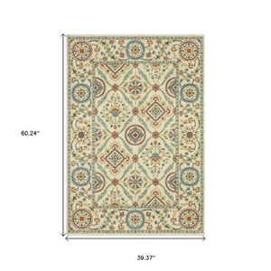Homeroots 5' Inviting Ivory And Blue Orange Oriental Area Rug With Fringe - Stylish, Durable, And Versatile Decor 3' X 5' Polypropylene 575231