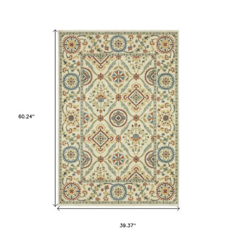 Homeroots 5' Inviting Ivory And Blue Orange Oriental Area Rug With Fringe - Stylish, Durable, And Versatile Decor 3' X 5' Polypropylene 575231