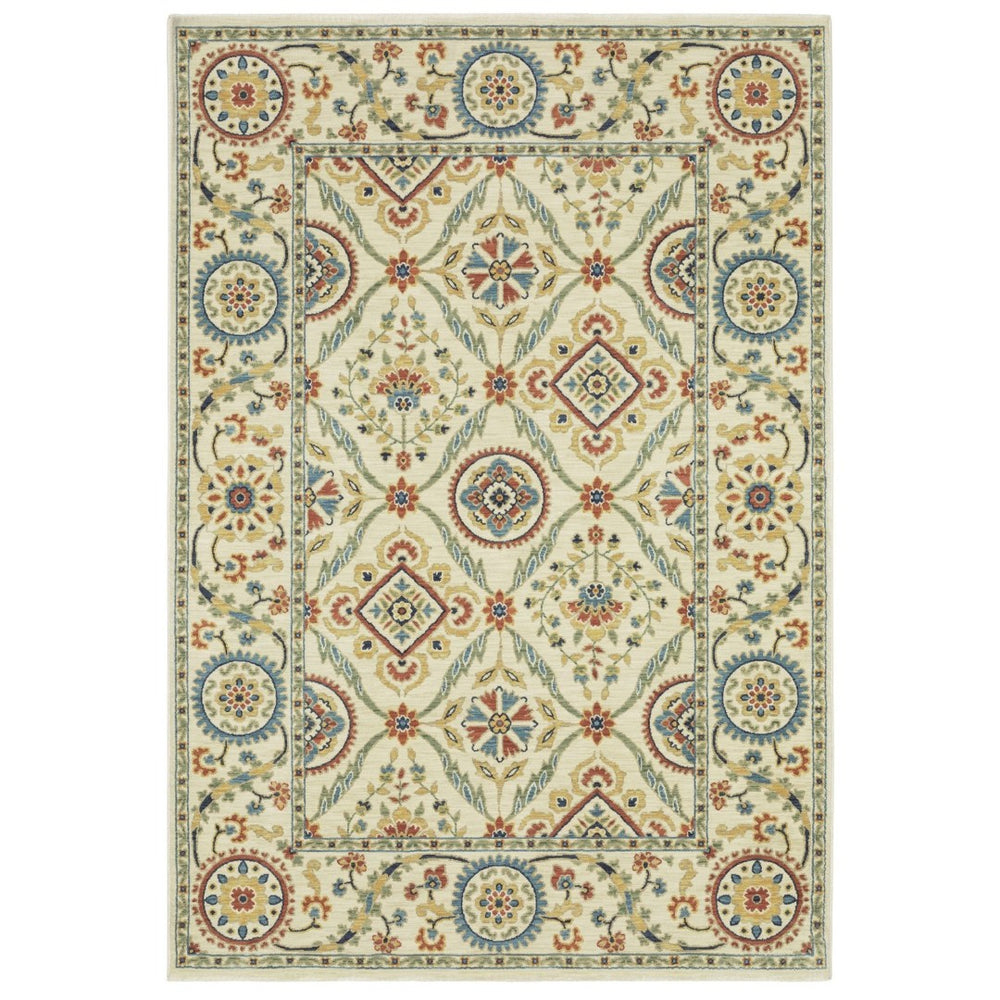 HomeRoots 5' Ivory Blue and Orange Oriental Area Rug with Classic Fringe - Durable, Stain Resistant Design 3' X 5' 575231