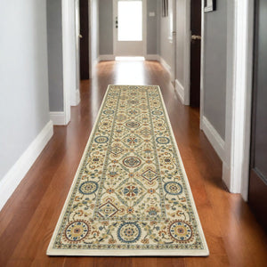 Homeroots 5' Inviting Ivory And Blue Orange Oriental Area Rug With Fringe - Stylish, Durable, And Versatile Decor 8' Runner Polypropylene 575232