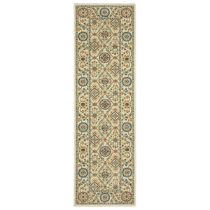 HomeRoots 5' Ivory Blue and Orange Oriental Area Rug with Classic Fringe - Durable, Stain Resistant Design 8' Runner 575232