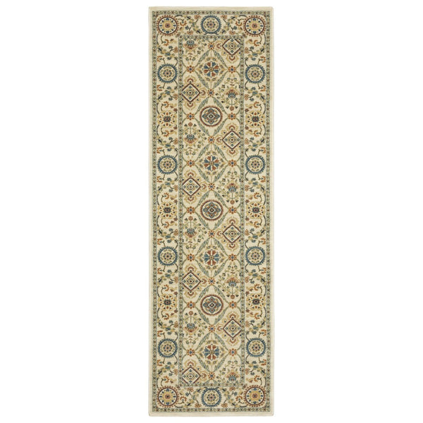 HomeRoots 5' Ivory Blue and Orange Oriental Area Rug with Classic Fringe - Durable, Stain Resistant Design 8' Runner 575232