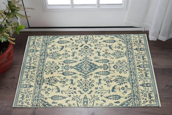 HomeRoots 5' Elegant Ivory and Blue Oriental Area Rug with Fringe - Stain Resistant, Ideal for Any Room 3' X 5' 575233