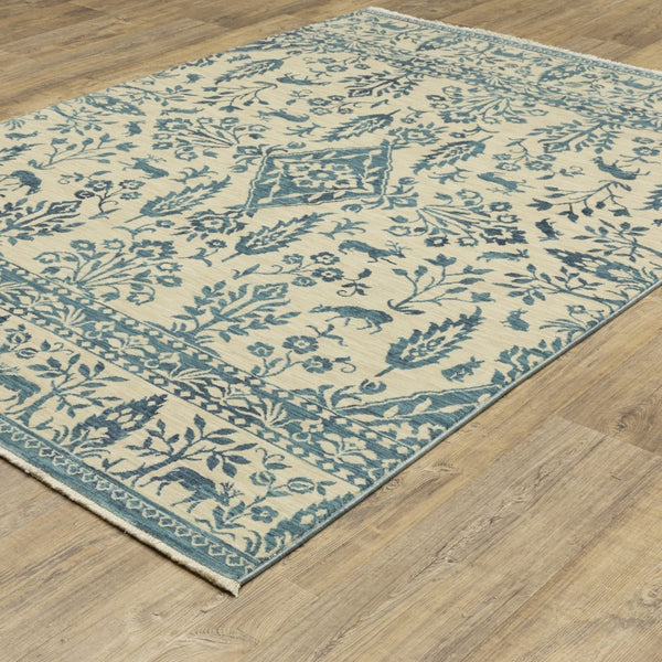 HomeRoots 5' Elegant Ivory and Blue Oriental Area Rug with Fringe - Stain Resistant, Ideal for Any Room 3' X 5' 575233