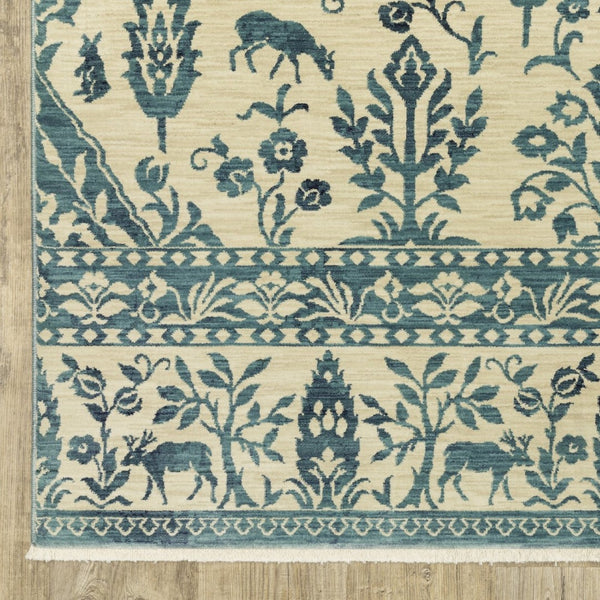HomeRoots 5' Elegant Ivory and Blue Oriental Area Rug with Fringe - Stain Resistant, Ideal for Any Room 3' X 5' 575233
