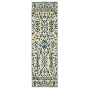 HomeRoots 5' Elegant Ivory and Blue Oriental Area Rug with Fringe - Stain Resistant, Ideal for Any Room 8' Runner 575234