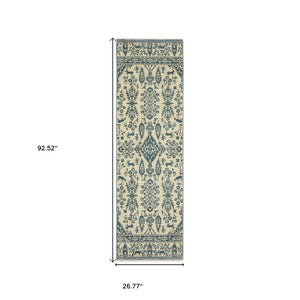 HomeRoots 5' Elegant Ivory and Blue Oriental Area Rug with Fringe - Stain Resistant, Ideal for Any Room 8' Runner 575234