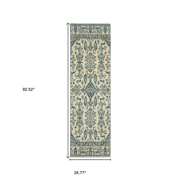 HomeRoots 5' Elegant Ivory and Blue Oriental Area Rug with Fringe - Stain Resistant, Ideal for Any Room 8' Runner 575234