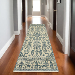 HomeRoots 5' Elegant Ivory and Blue Oriental Area Rug with Fringe - Stain Resistant, Ideal for Any Room 8' Runner 575234