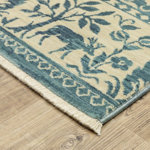 HomeRoots 5' Elegant Ivory and Blue Oriental Area Rug with Fringe - Stain Resistant, Ideal for Any Room 8' Runner 575234