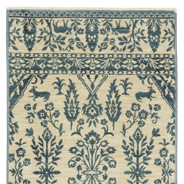 HomeRoots 5' Elegant Ivory and Blue Oriental Area Rug with Fringe - Stain Resistant, Ideal for Any Room 8' Runner 575234