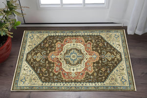 HomeRoots 5' Classic Brown and Orange Oriental Area Rug with Fringe - Durable, Stain-Resistant Design for Homes 3' X 5' 575237