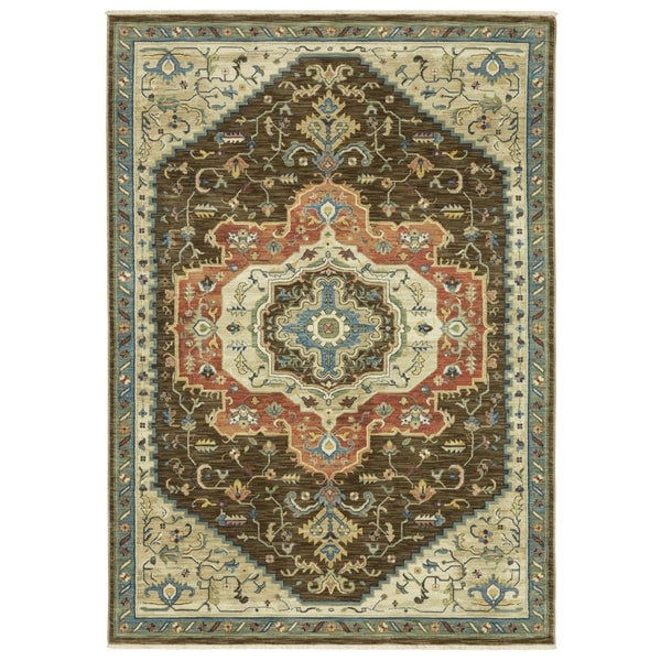 HomeRoots 5' Classic Brown and Orange Oriental Area Rug with Fringe - Durable, Stain-Resistant Design for Homes 3' X 5' 575237