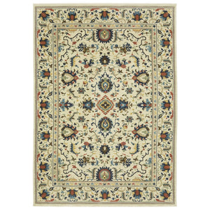 HomeRoots 5' Timeless Ivory Oriental Area Rug with Blue and Orange Accents – Durable, Stain-Resistant Design 3' X 5' 575239