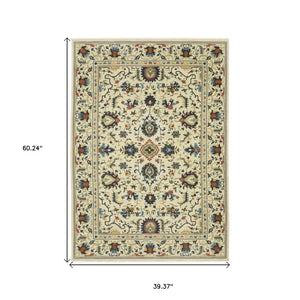 HomeRoots 5' Timeless Ivory Oriental Area Rug with Blue and Orange Accents – Durable, Stain-Resistant Design 3' X 5' 575239