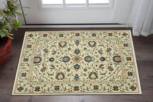 HomeRoots 5' Timeless Ivory Oriental Area Rug with Blue and Orange Accents – Durable, Stain-Resistant Design 3' X 5' 575239