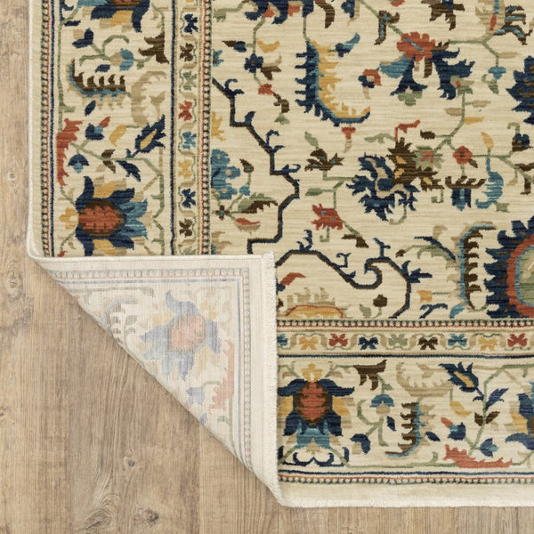 HomeRoots 5' Timeless Ivory Oriental Area Rug with Blue and Orange Accents – Durable, Stain-Resistant Design 3' X 5' 575239