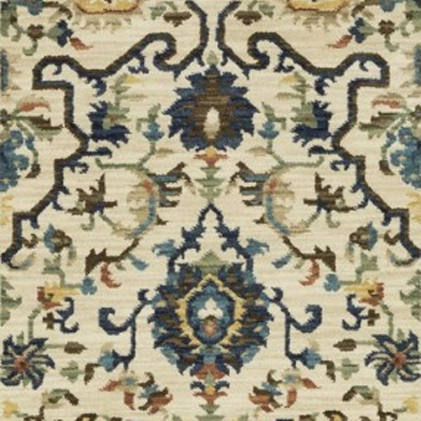 HomeRoots 5' Timeless Ivory Oriental Area Rug with Blue and Orange Accents – Durable, Stain-Resistant Design 8' Runner 575240