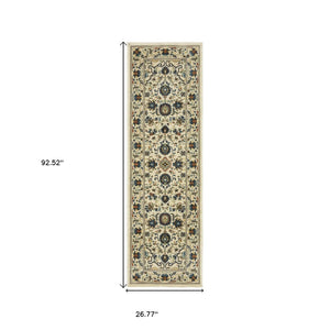 HomeRoots 5' Timeless Ivory Oriental Area Rug with Blue and Orange Accents – Durable, Stain-Resistant Design 8' Runner 575240