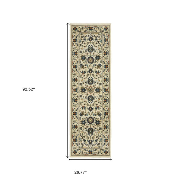 HomeRoots 5' Timeless Ivory Oriental Area Rug with Blue and Orange Accents – Durable, Stain-Resistant Design 8' Runner 575240