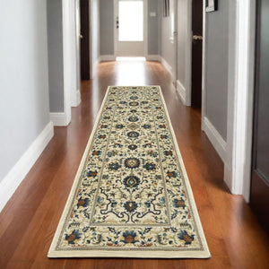HomeRoots 5' Timeless Ivory Oriental Area Rug with Blue and Orange Accents – Durable, Stain-Resistant Design 8' Runner 575240