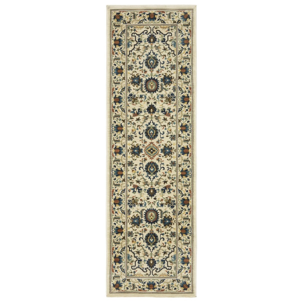 HomeRoots 5' Timeless Ivory Oriental Area Rug with Blue and Orange Accents – Durable, Stain-Resistant Design 8' Runner 575240