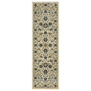HomeRoots 5' Timeless Ivory Oriental Area Rug with Blue and Orange Accents – Durable, Stain-Resistant Design 8' Runner 575240
