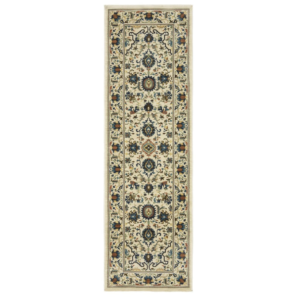 HomeRoots 5' Timeless Ivory Oriental Area Rug with Blue and Orange Accents – Durable, Stain-Resistant Design 8' Runner 575240
