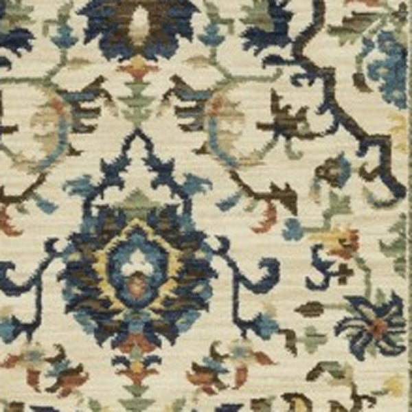 HomeRoots 5' Timeless Ivory Oriental Area Rug with Blue and Orange Accents – Durable, Stain-Resistant Design 8' Runner 575240