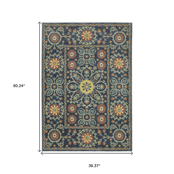 HomeRoots 5' Blue and Rust Medallion Area Rug - Classic Design with Fringed Edges, Stain & Fade Resistant Quality 3' X 5' 575241
