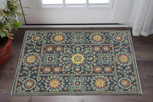 HomeRoots 5' Blue and Rust Medallion Area Rug - Classic Design with Fringed Edges, Stain & Fade Resistant Quality 3' X 5' 575241