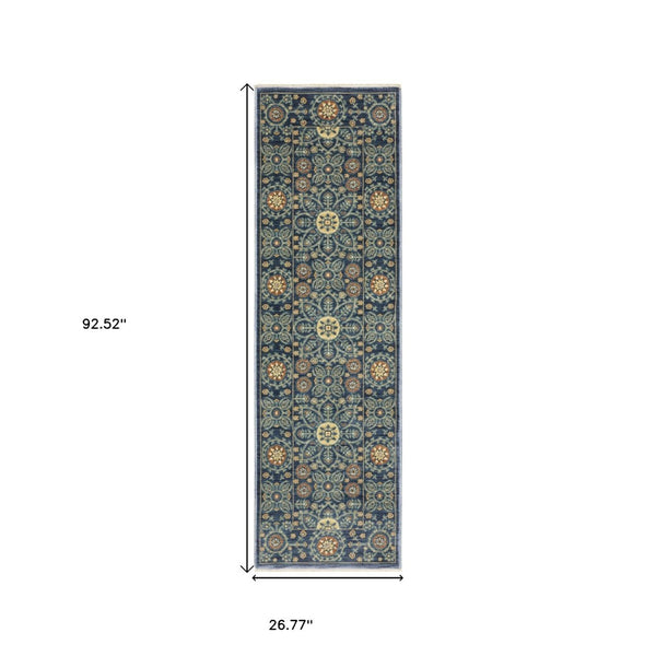 HomeRoots 5' Blue and Rust Medallion Area Rug - Classic Design with Fringed Edges, Stain & Fade Resistant Quality 8' Runner 575242