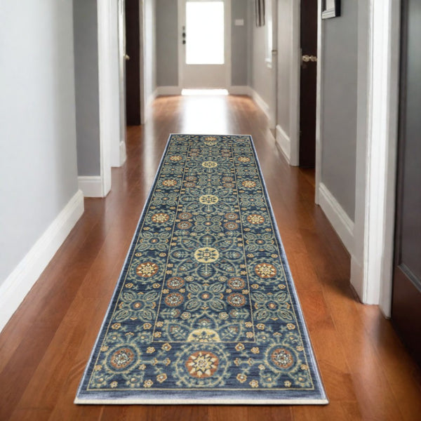 HomeRoots 5' Blue and Rust Medallion Area Rug - Classic Design with Fringed Edges, Stain & Fade Resistant Quality 8' Runner 575242