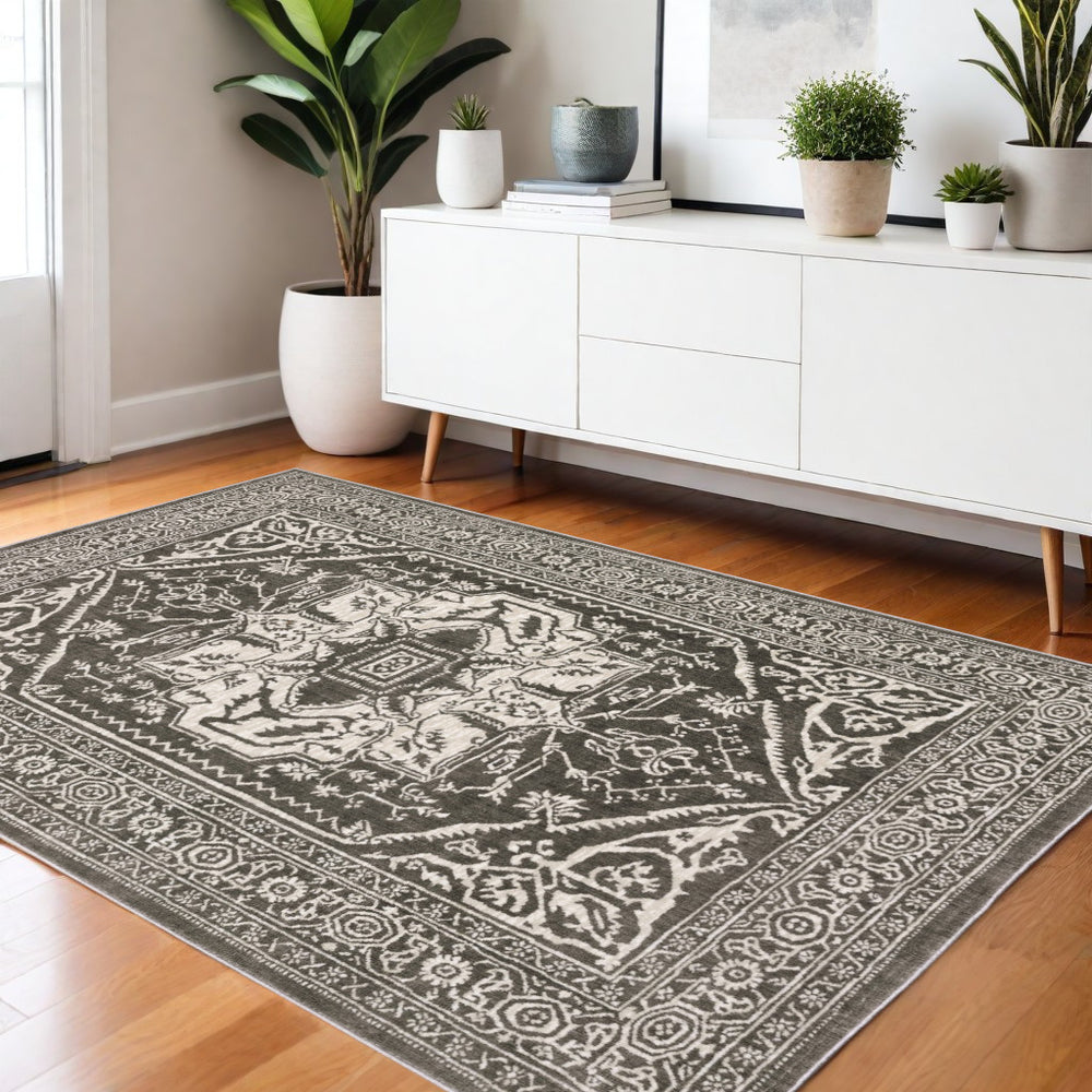 Homeroots 5' Ivory And Gold Oriental Area Rug - Stain Resistant, Stylish Design For Any Home Decor 4' X 6' Polyester 575244