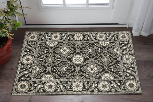Homeroots 3' Charcoal Oriental Area Rug - Stylish, Stain-resistant Design For Warmth And Elegance In Any Room 3' X 5' Polypropylene,Polyester 575258