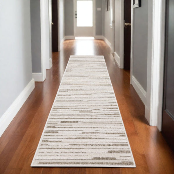 HomeRoots 5' Distressed Ivory and Brown Striped Area Rug - Durable, Stain-Resistant, Perfect for Any Space 8' Runner 575279