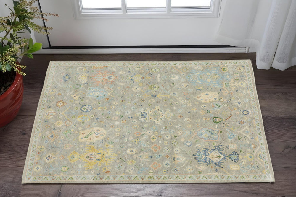 HomeRoots 2' Hand-Knotted Wool Oriental Area Rug in Gray-Blue & Yellow with Timeless Fringe for Elegance 2' X 3' 575287