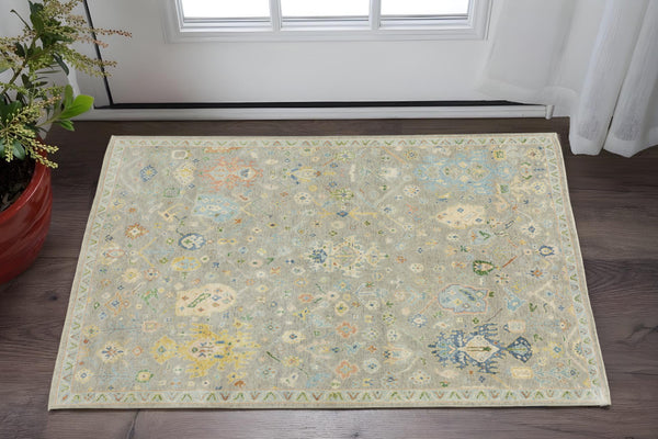 Homeroots 2' Hand Knotted Gray Blue And Yellow Wool Oriental Area Rug With Stylish Fringe For Home Decor 2' X 3' Wool 575287